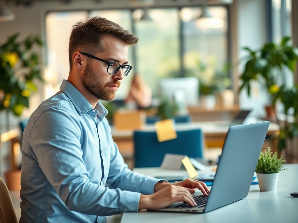 Mężczyzna pracujący przy laptopie w nowoczesnym biurze, planujący rozwój startupu z wykorzystaniem karteczek samoprzylepnych.