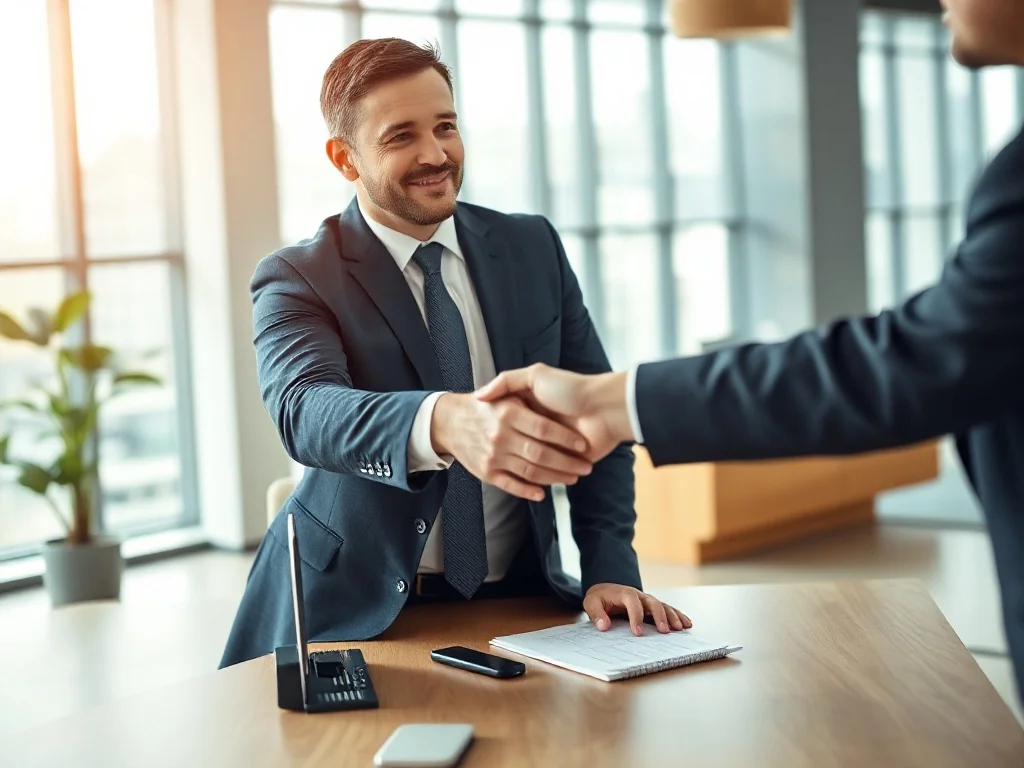 Dwóch biznesmenów podaje sobie ręce w nowoczesnym biurze, symbolizując nawiązanie współpracy w ramach franczyzy.
